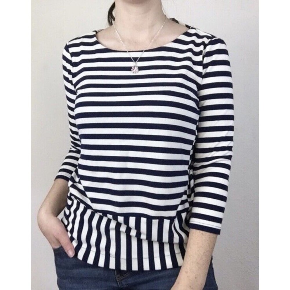 MADEWELL Stripe Turn Ponte Peplum Knit Top 3/4 Sleeve Navy/White -Size SOLDSTOCK